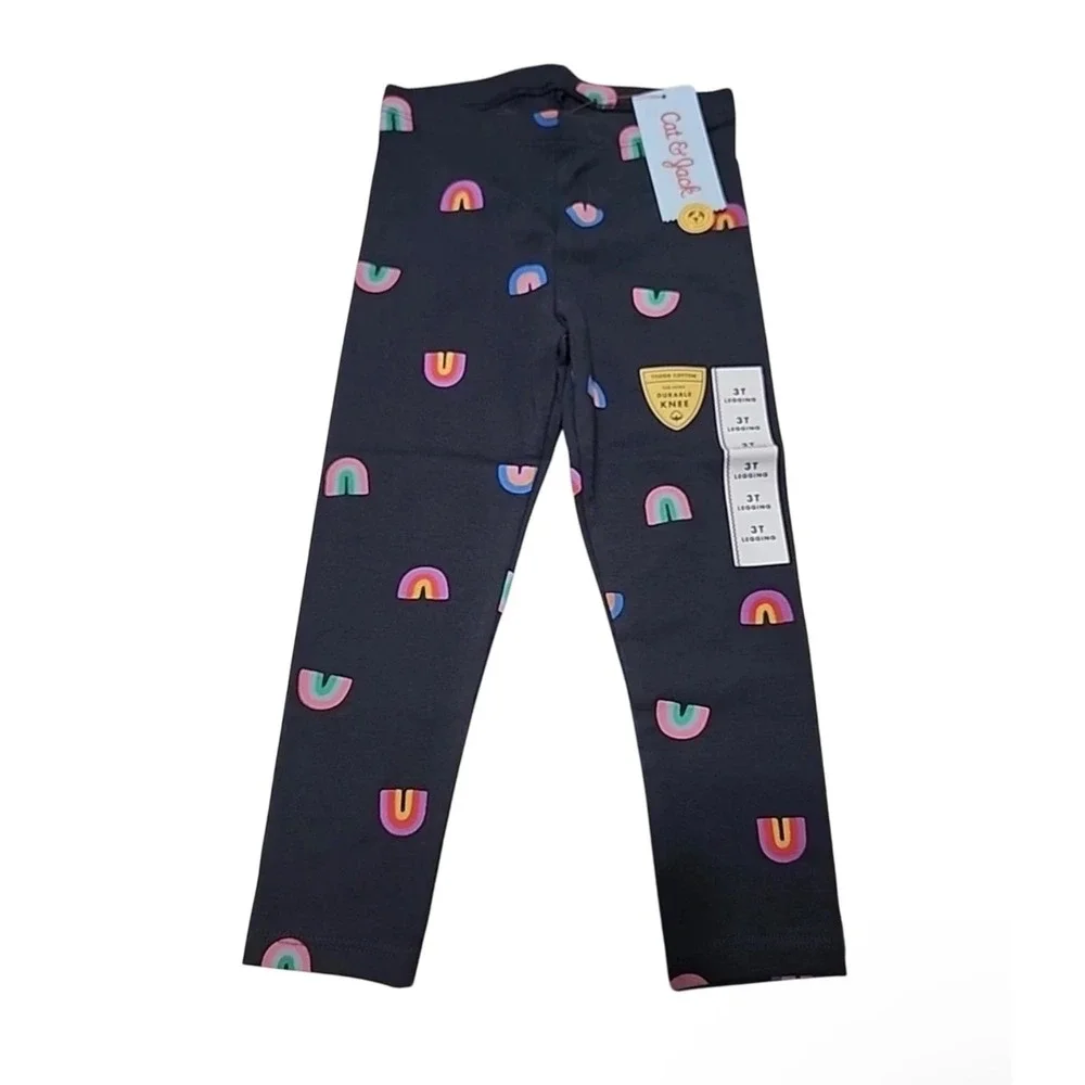 Cat & Jack Girls Rainbow Print Tough Cotton Durable Knee Leggings Gray 3T NEW